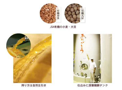 JAS有機の小麦・大豆。深層発酵タンク。化学調味料不使用、有機白醤油が作られます。